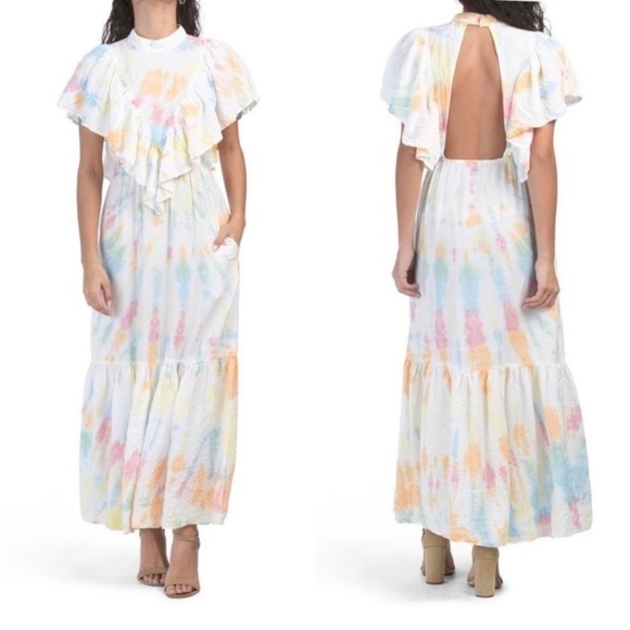 Young Fabulous & Broke Tie Dye Ruffle Mock Neck Maxi Dress Size SMALL NWT - Picture 1 of 6